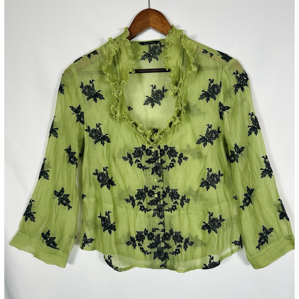 VTG Sheer Button Up Top‎ Size 8 Green Forest Fairy Grunge 90s Whimsigoth Witchy